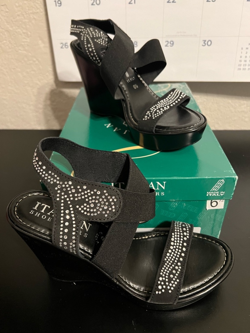 Italian Shoemakers Black Wedge Sandals with Crystal Stud Accents